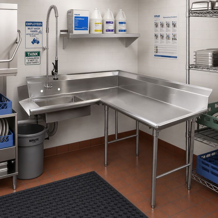Product image #2 for Advance Tabco Korner Soil L-Shaped Right-Hand Dish Table with Pre-Rinse Sink, 95-Inch, 14-Gauge 304 Stainless Steel
