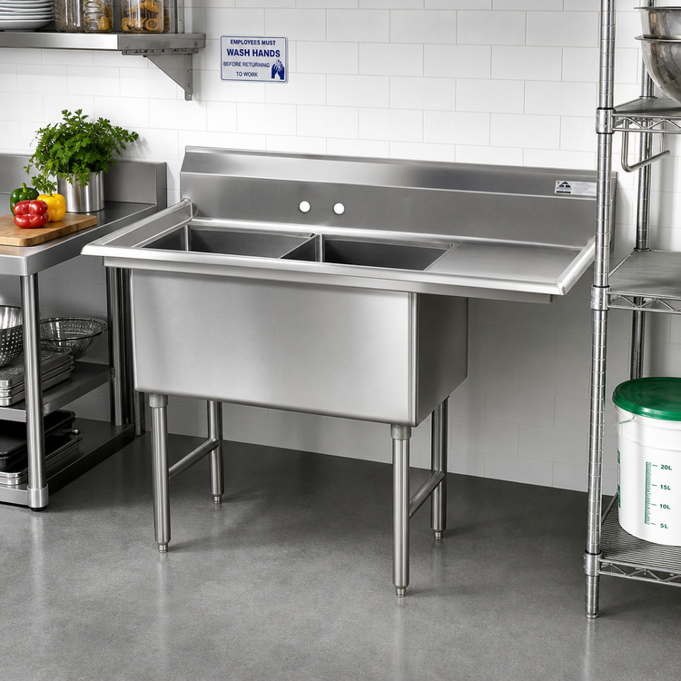Product image #2 for Advance Tabco 2-Compartment Fabricated Sink with Right Drainboard, 18" x 18" x 14" Bowls, 16-Gauge 304 Stainless Steel