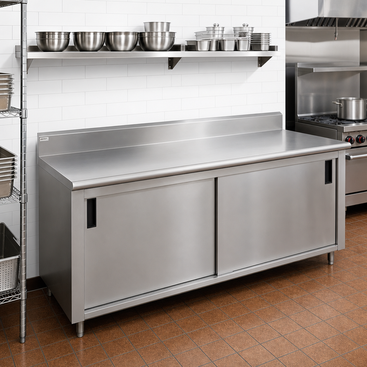 Product image #2 for Advance Tabco 108" x 24" 14-Gauge 304 Stainless Steel Enclosed Work Table with Cabinet Base, Sliding Doors, Mid-Shelf, and 5" Backsplash
