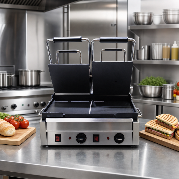 Product image #2 for Omcan Commercial Double Panini Grill with Smooth Top & Bottom Cast Iron Plates, 10 x 18 Inch Cooking Surface, 220V