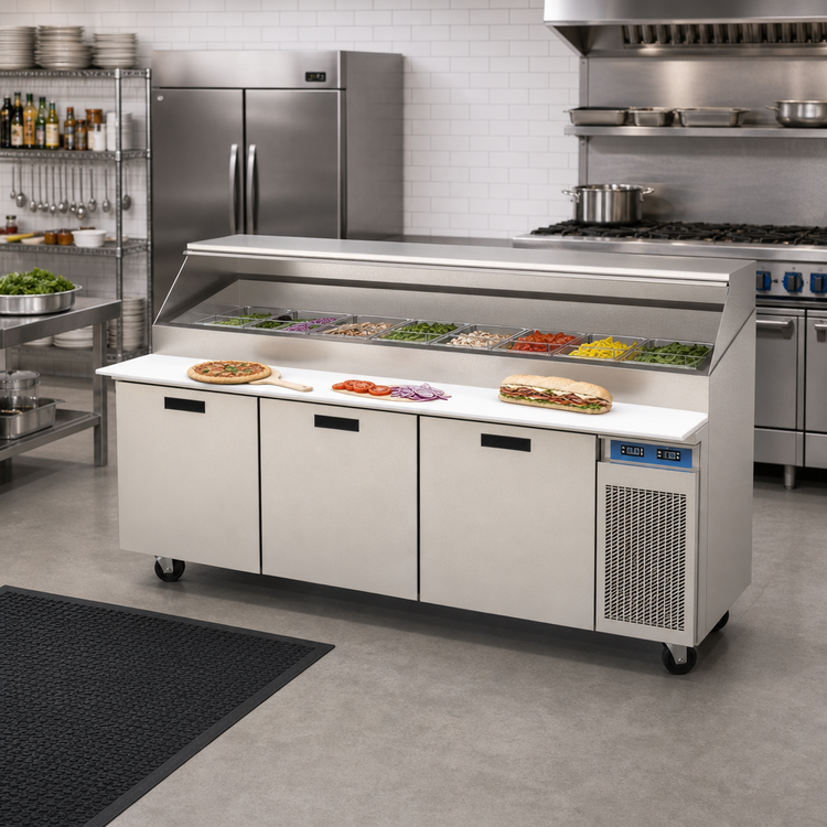 Product image #2 for Randell 95-Inch Three-Section Refrigerated Raised Rail Prep Table, 42 1/6-Pan Capacity, Self-Contained R290, Compressor Right