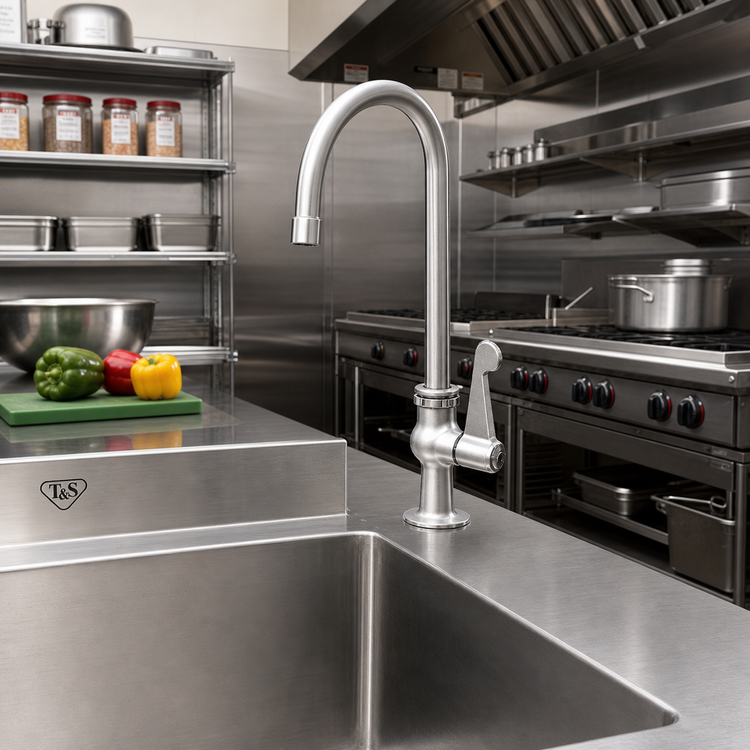 Product image #2 for T&S Brass Single-Supply Deck-Mount Manual Faucet with Swivel Gooseneck Spout, 4-Inch Wrist Action Handle, and 0.5 GPM Spray Device