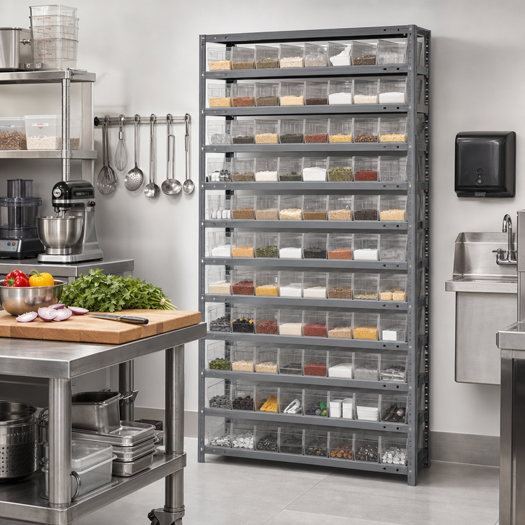 Product image #2 for Quantum Heavy-Duty Stationary Wire Shelving Unit with 96 Clear Bins, 36 x 12 x 75 Inches