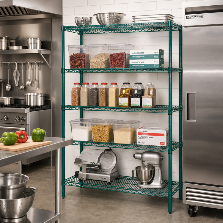 Product image #2 for Quantum 60"W x 14"D x 74"H Wire Shelving Starter Kit with 5 Shelves, Green Epoxy Finish
