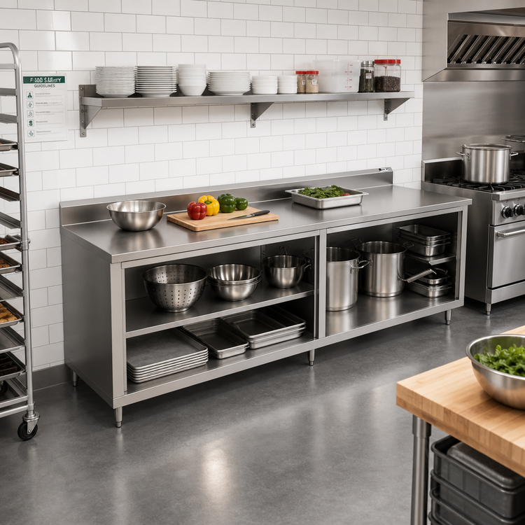 Product image #2 for John Boos Stainless Steel Work Table with Open Front Cabinet Base, 120 x 30 Inches, 5-Inch Backsplash