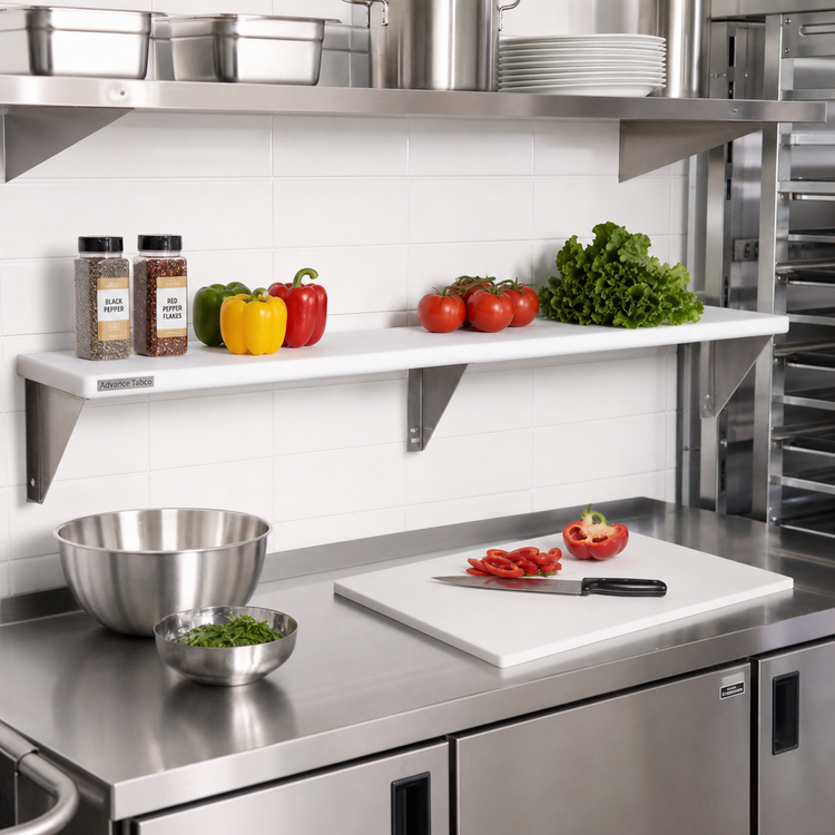 Product image #2 for Advance Tabco Triumph Supreme Stainless Steel Food Table Shelf with Removable 3/8" White Poly Cutting Board, 47-1/8" W x 12" D