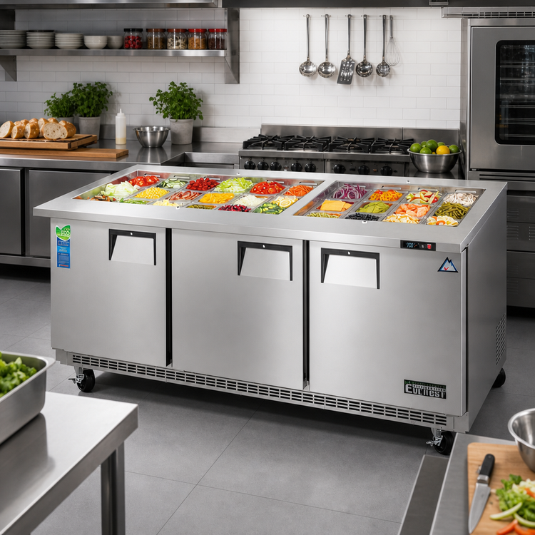 Product image #2 for Everest Refrigeration 71-1/8 Inch Mega-Top Three-Section Open Top Prep Table with Rear-Mounted Self-Contained Refrigeration