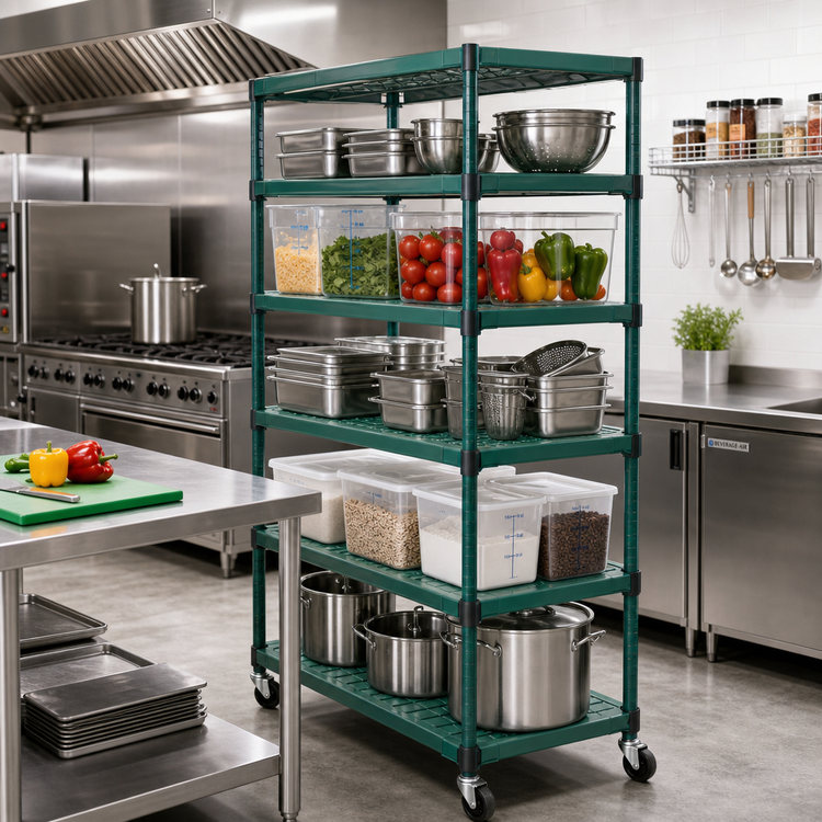 Product image #2 for QuadPlus 5-Tier Mobile Starter Wire Shelving Unit, 48 x 21 x 74 Inches, Green Epoxy