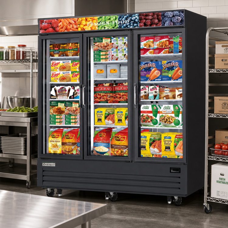 Product image #2 for Everest Refrigeration Three-Section Reach-In Glass Door Merchandiser Freezer, 69 Cu. Ft., 74-3/4 Inch Wide, Bottom-Mounted Self-Contained