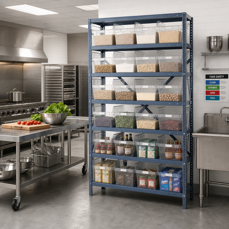 Product image #2 for Quantum Heavy-Duty Stationary Wire Shelving Unit with 8 Shelves and 28 Clear Bins, 18"D x 36"W x 75"H