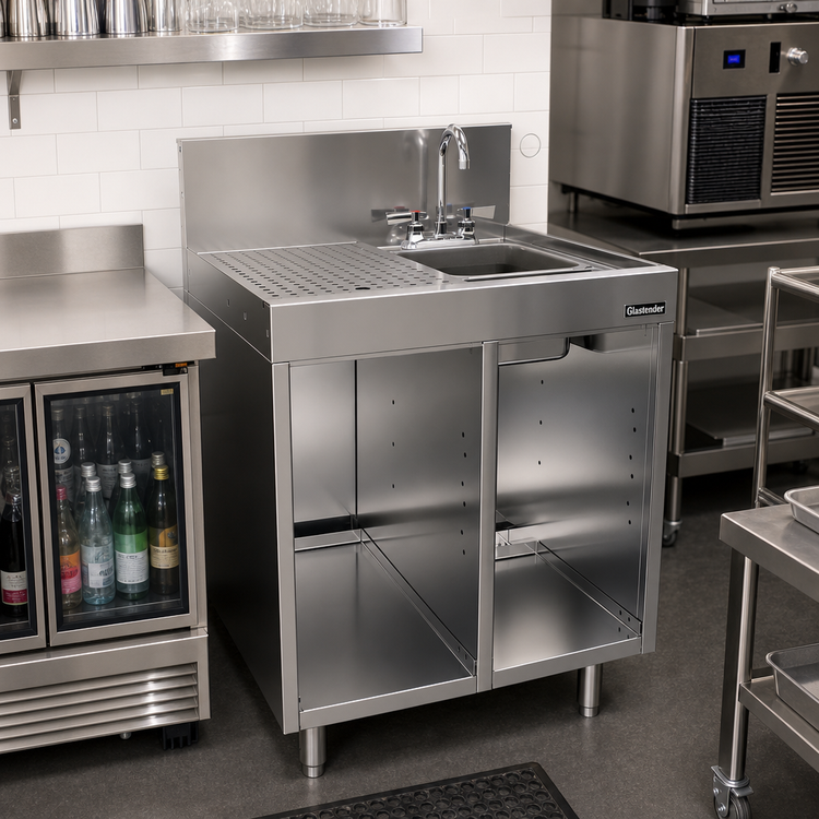 Product image #2 for Glastender Underbar Wet Waste Sink Cabinet Base with Open Front, Left Drainboard, Right Bowl