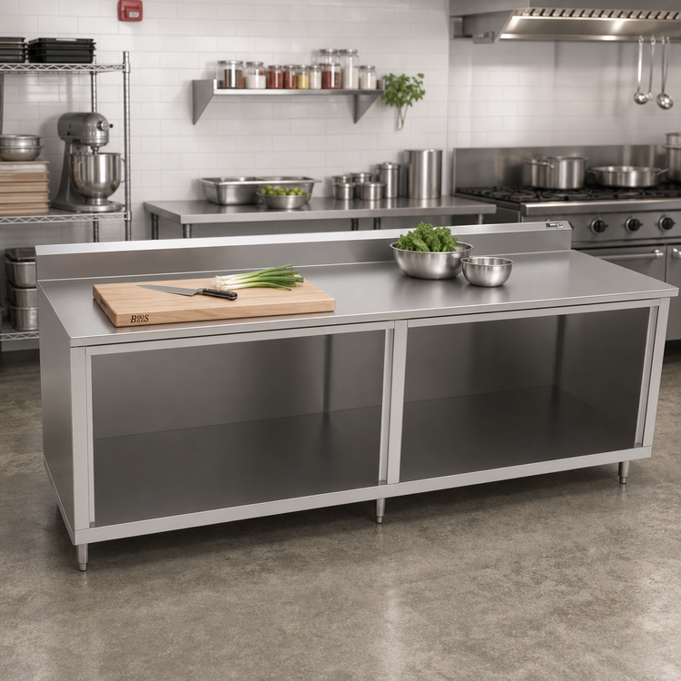 Product image #2 for John Boos 144-Inch Cabinet Base Work Table with Open Front, 16/300 Stainless Steel Top and 5-Inch Backsplash