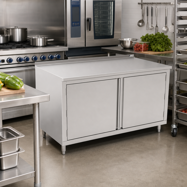 Product image #2 for 84-Inch Enclosed Cabinet Base Work Table with Hinged Doors, 16-Gauge Type 300 Stainless Steel Top and 1-1/2-Inch Rear Riser
