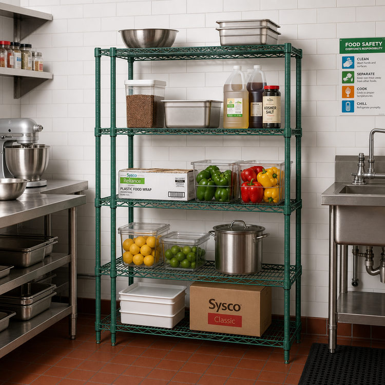 Product image #2 for Quantum Wire Shelving Starter Kit, 42"W x 12"D x 74"H, 4-Shelf, Green Epoxy Antimicrobial Finish