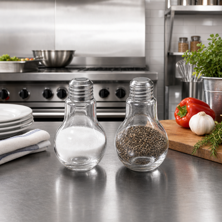 Product image #2 for Lightbulb Glass Salt & Pepper Shaker Set, 4 oz., Clear with Stainless Steel Tops