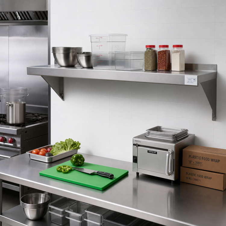 Product image #2 for Serv-Ware SSWS1448-CWP-V 430 Stainless Steel Wall-Mounted Shelf — 48 Inches W x 14 Inches D (18 Gauge)