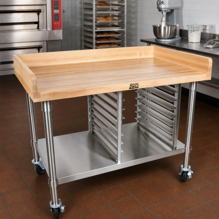 Product image #2 for John Boos BAK03 72-Inch x 30-Inch Wood Top Bakery Prep Table with Stainless Steel Undershelf and Bun Pan Rack