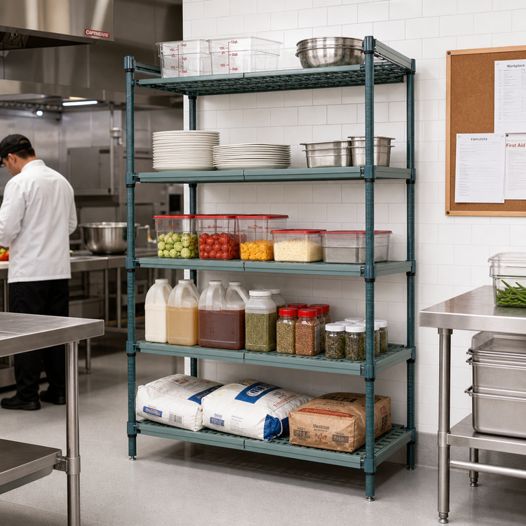 Product image #2 for Quantum Stationary 5-Tier Wire Plastic Mat Shelving Unit, 54 x 24 x 86 Inches, Green Epoxy Antimicrobial