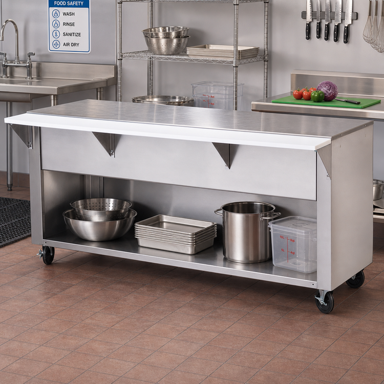 Product image #2 for Advance Tabco Triumph Supreme 62-7/16-Inch Wide Solid Top Utility Station with Poly Cutting Board and Open Cabinet Base