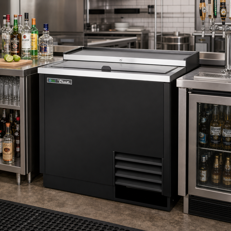 Product image #2 for True 36-Inch Flat Top Bottle Cooler with Stainless Steel Countertop, 1 Lid, and Black Exterior