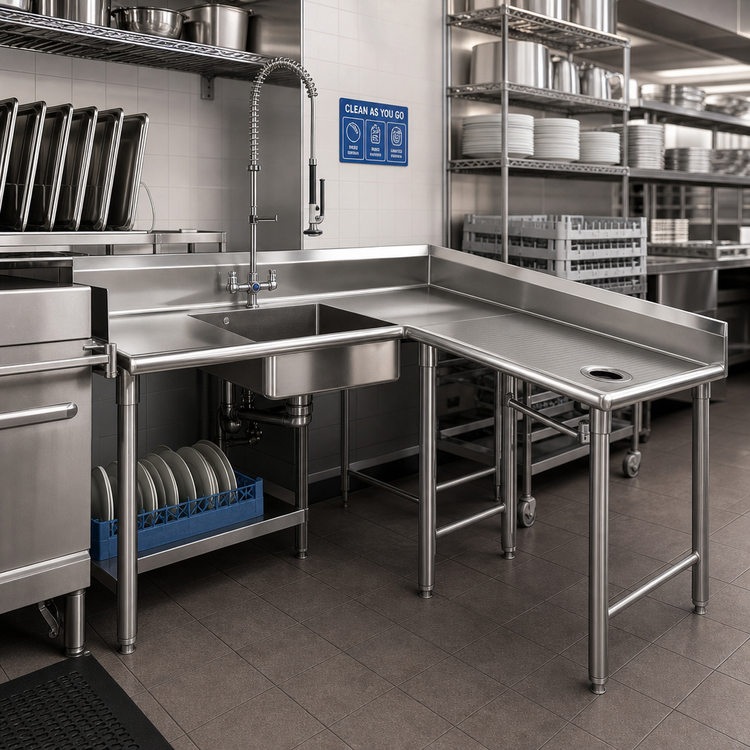Product image #2 for Spec-Master Corner Soiled Dishtable with Pre-Rinse Sink, Right-to-Left, 14/304 Stainless Steel