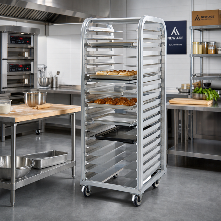Product image #2 for New Age Lifetime Series Heavy-Duty Roll-In End-Load Bun Pan Rack, 18-Pan Capacity, Aluminum, 64-Inch Height