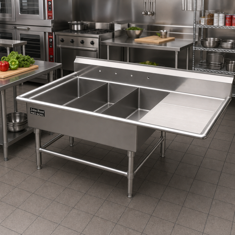 Product image #2 for John Boos Pro-Bowl 3-Compartment Platter Sink with Right Drainboard, 12-Inch Deep Bowls, 14-Gauge Stainless Steel