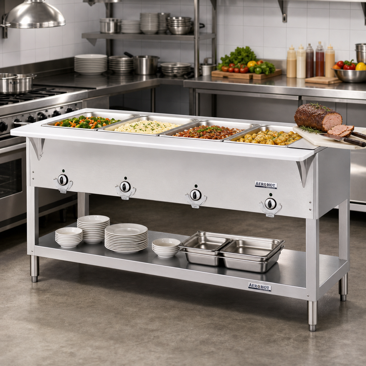 Product image #2 for Aerohot E304 4-Well Electric Hot Food Station with Open Shelf Base and Carving Board