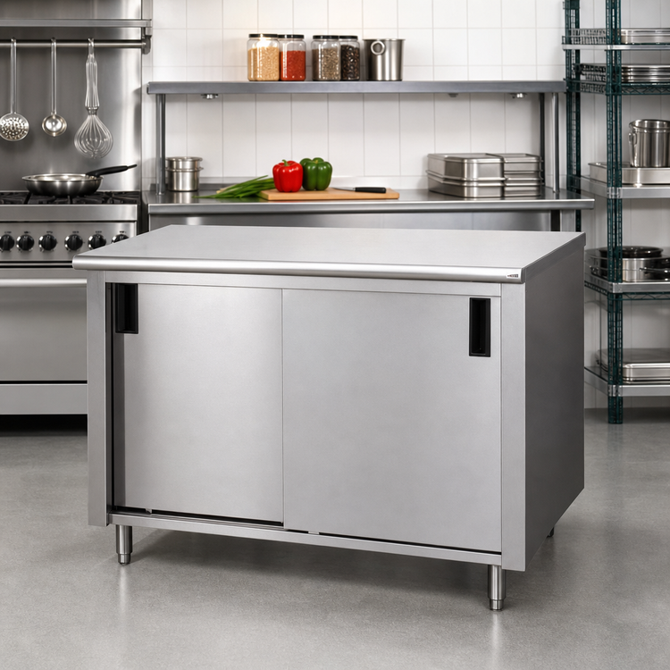 Product image #2 for Advance Tabco Special Value Economy Enclosed Work Table with Cabinet Base, Sliding Doors and Mid-Shelf, 120W x 30D, 16 Gauge 304 Stainless Steel Top