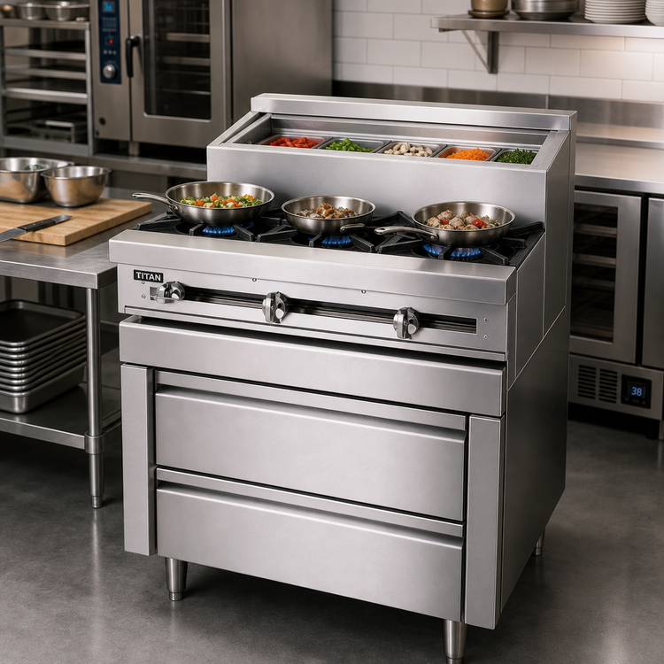 Product image #2 for Titan JMSS-03-T-36 Fire & Ice 36 Inch Gas Sauté Station with 3 Open Burners and Refrigerated Rail