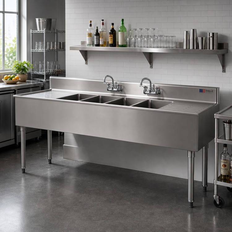 Product image #2 for Eagle Group 2200 Series 72-Inch Four-Compartment Underbar Sink Unit with Left and Right Drainboards and Dual Faucets