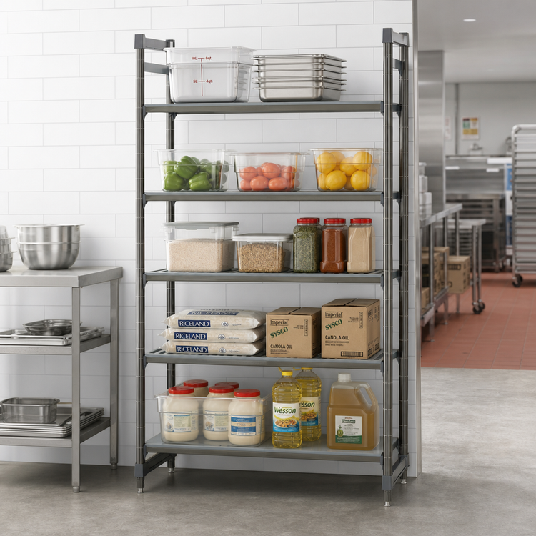Product image #2 for Cambro Camshelving Basics Plus 5-Tier Stationary Starter Unit, 18 x 54 x 84 Inches, Vented and Solid, Brushed Graphite
