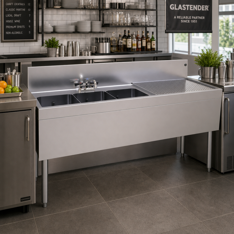 Product image #2 for Glastender Three-Compartment Underbar Sink Unit with Right Drainboard, 60" W x 24" D