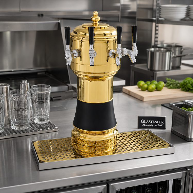 Product image #2 for Glastender Zeus 5-Faucet Polished Brass Draft Dispensing Tower with Surface-Mount Drain Pan