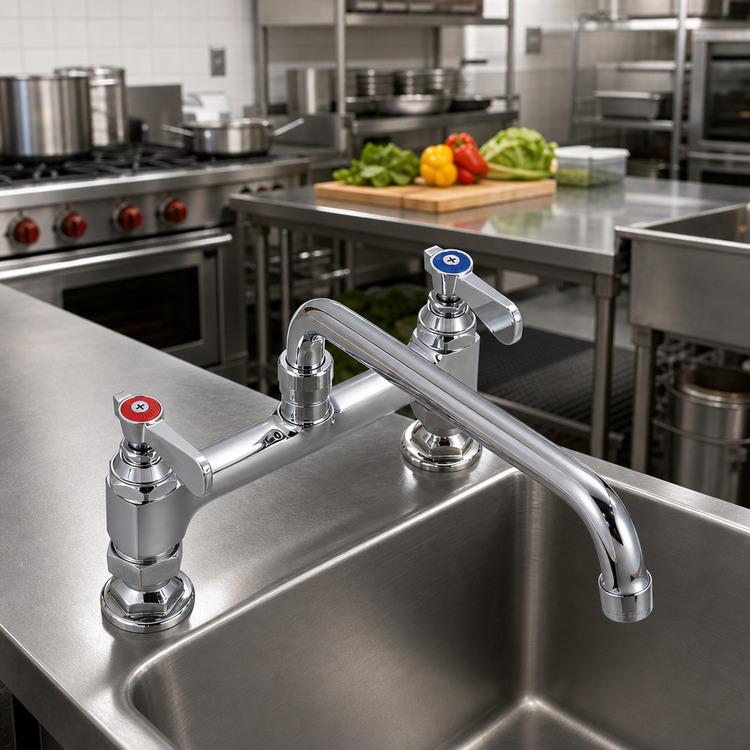Product image #2 for BK Resources OptiFlow Heavy Duty Deck Mount Manual Faucet with 10-Inch Swing Spout, 8-Inch Centers