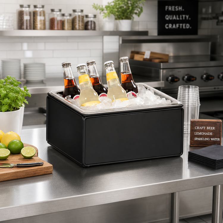 Product image #3 for Cal-Mil Onyx Black Metal Ice Housing with Clear Polycarbonate Pan and Liner, 13 x 10.5 x 7 Inches