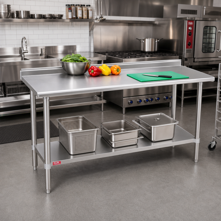 Product image #2 for Duke 48" x 24" 16 Gauge Stainless Steel Work Table with 1-1/8" Riser and Stainless Undershelf