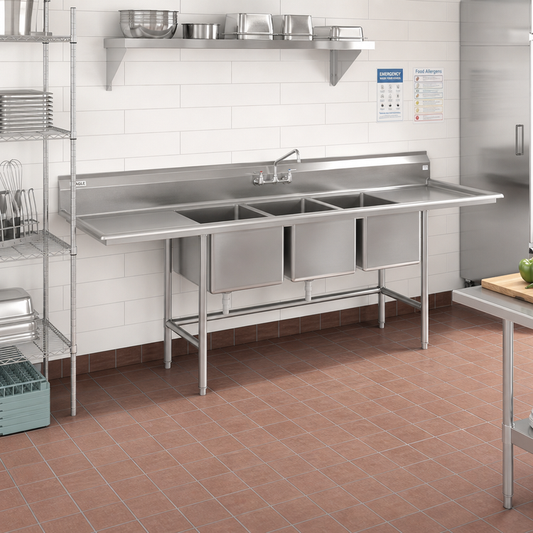 Product image #2 for Eagle Group S16 Series 3-Compartment 16-Gauge 304 Stainless Steel Sink with Left & Right Drainboards, 103 Inch Wide