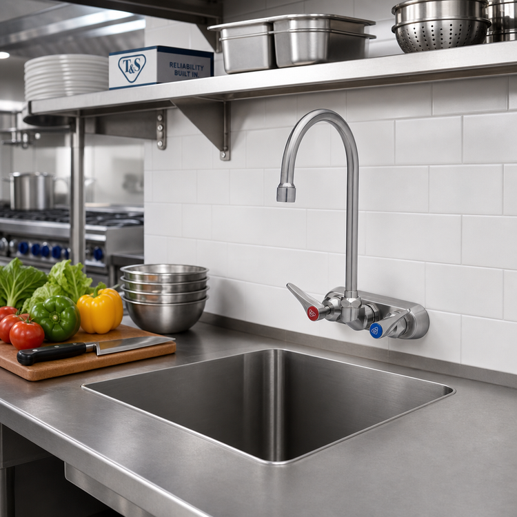 Product image #2 for T&S Brass EverSteel 4-Inch Wall Mount Workboard Mixing Faucet with 5 3/4-Inch Swivel Gooseneck