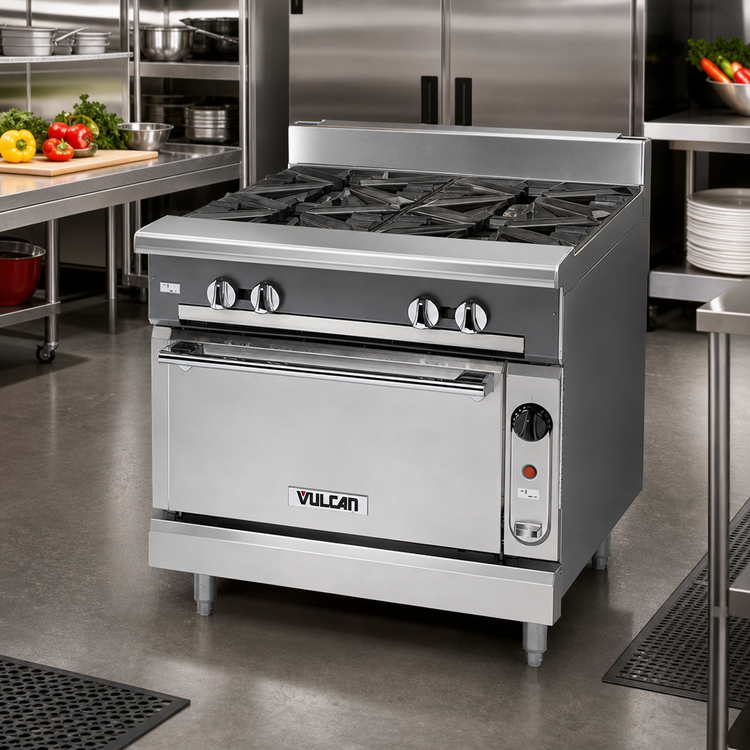 Product image #2 for Vulcan V Series Heavy Duty 36-Inch Gas Range with 3 Hot Tops and Cabinet Base