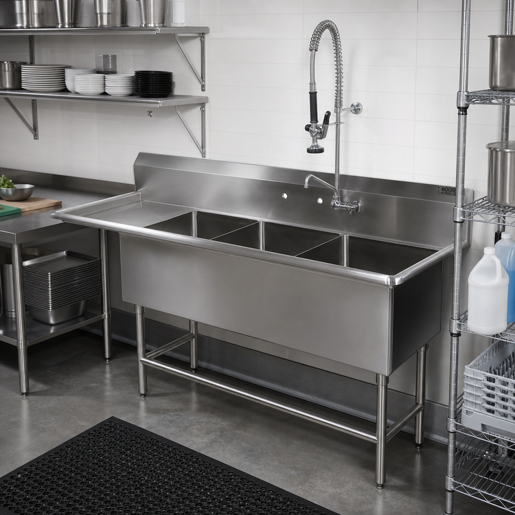 Product image #2 for John Boos Pro-Bowl 3-Compartment Sink with Left Drainboard, 20 x 20 x 12 Inch Bowls, 24 Inch Drainboard, 16-Gauge Stainless Steel