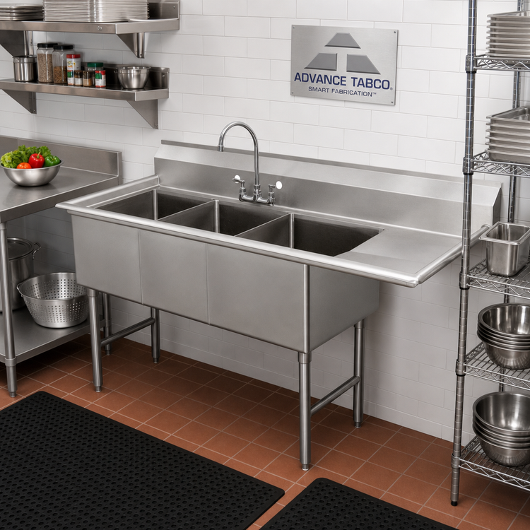 Product image #2 for Advance Tabco Special Value Series 3-Compartment Fabricated Sink with 18-Inch Right Drainboard, 68-1/2-Inch, 16-Gauge 304 Stainless Steel