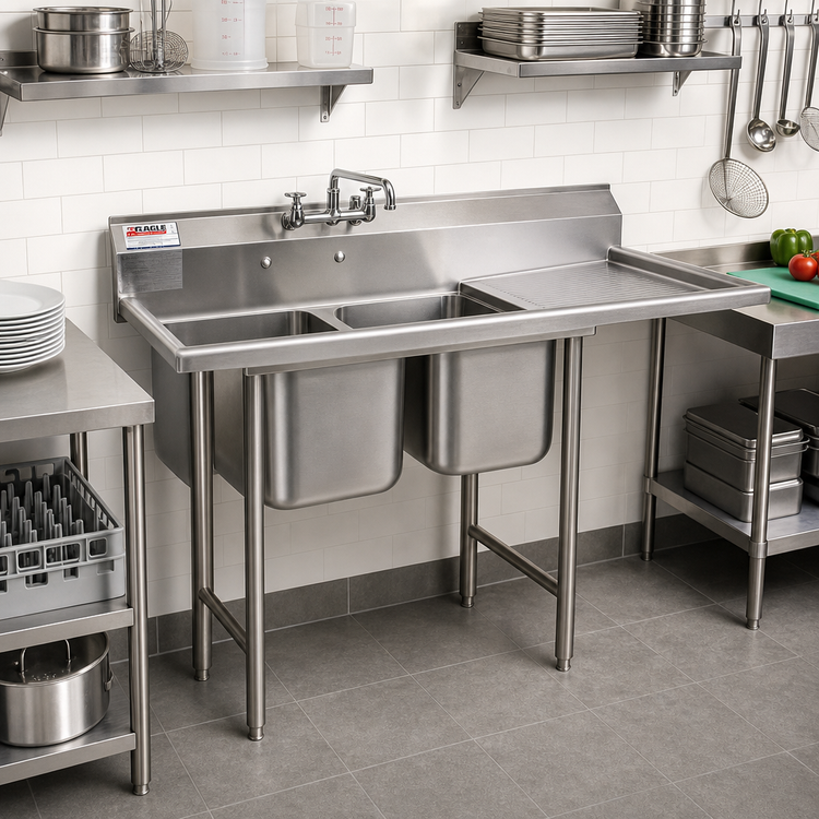 Product image #2 for Eagle Group 414 Series Two-Compartment Stainless Steel Sink with Right Drainboard, 60-3/4 Inch Wide