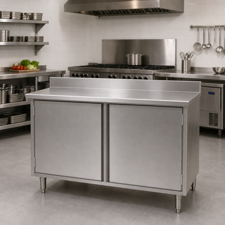 Product image #2 for Spec-Master Stainless Steel Cabinet Base Enclosed Work Table with Hinged Doors and 4-1/2-Inch Backsplash, 120 x 30 Inches