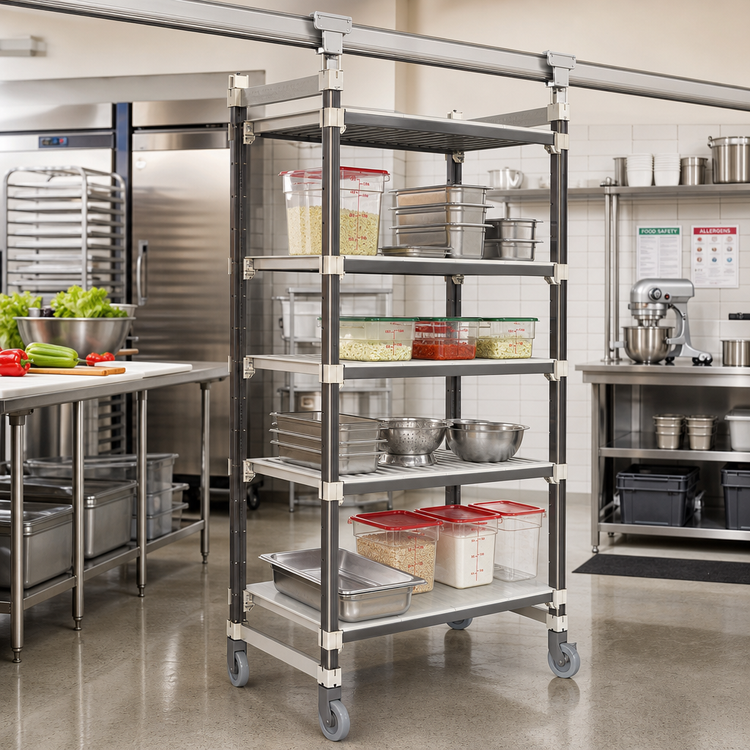 Product image #2 for Cambro Camshelving Elements XTRA High Density Top Rail Overhead Track 5-Tier Mobile Starter Unit, 36 x 24 x 80 Inches