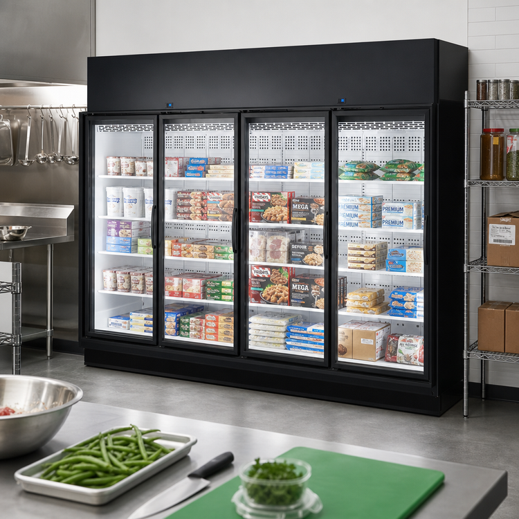 Product image #2 for True 4-Section Low-Temp Glass Door Freezer Merchandiser, Self-Contained, Black Exterior/White Interior
