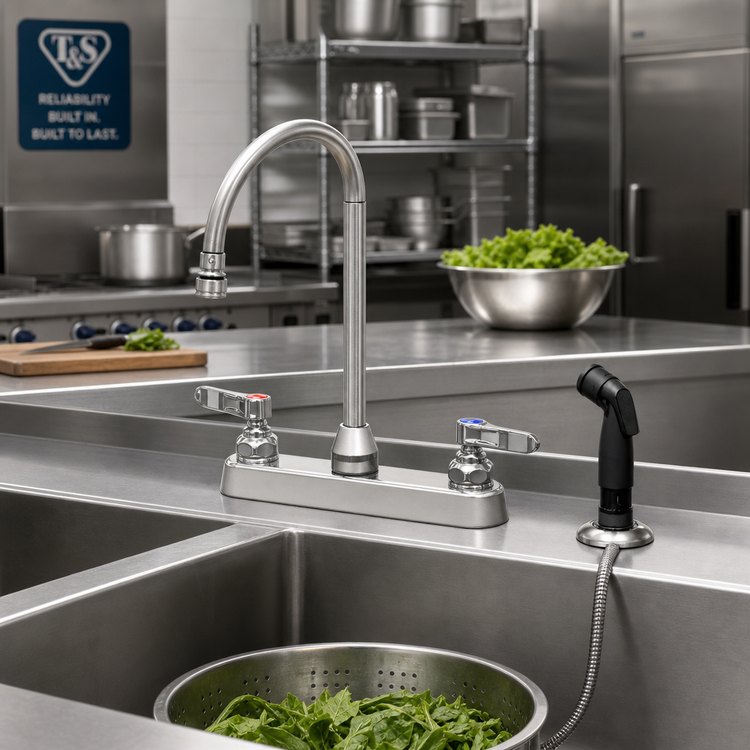 Product image #2 for T&S Brass 8-Inch Centers Deck-Mount Workboard Faucet with 5-3/4-Inch Swivel Gooseneck and 7-Foot Side Spray Hose