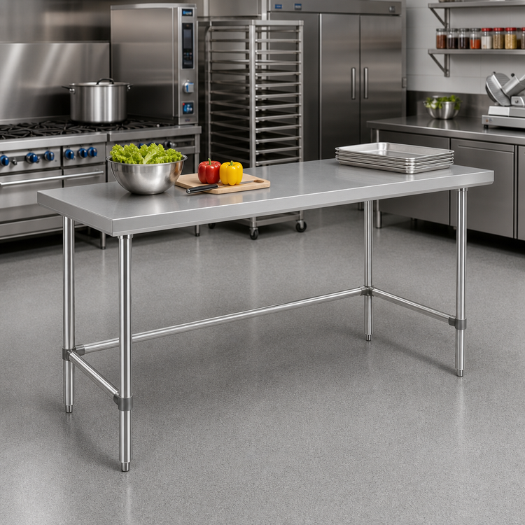 Product image #2 for Sapphire 72 Inch x 24 Inch 18 Gauge 430 Stainless Steel Flat Top Work Table with Open Base and Beveled Square Edge