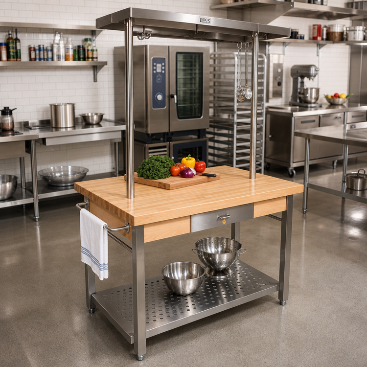 Product image #3 for John Boos Cucina Grande 48 x 28-Inch Northern Hard Rock Maple Top Work Table with Stainless Steel Undershelf, Drawer and Towel Bars