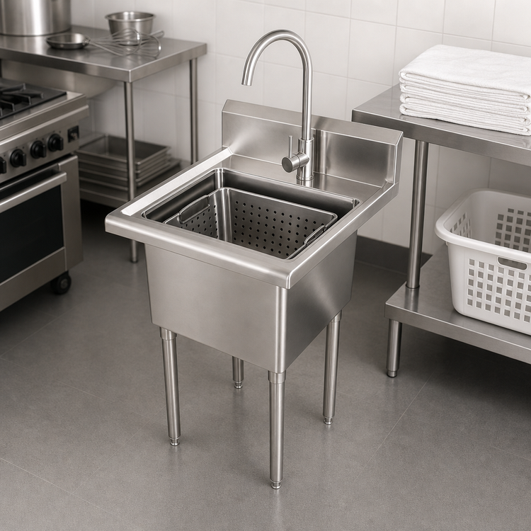 Product image #2 for Omcan 1-Compartment Stainless Steel Laundry Sink with Gooseneck Faucet and Drain Basket, 24 x 21 x 33 Inches
